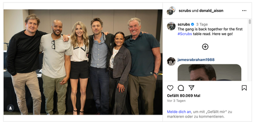 »Scrubs«: Sarah Chalke, Zach Braff und Donald Faison für Dreharbeiten wiedervereint