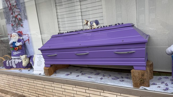 Milka-Sarg: Schaufenster dieses Velberter Bestatters sorgt für Aufsehen