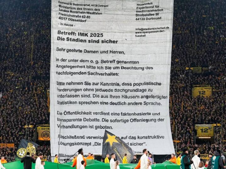 „Stadien sind sicher“: XXL-Brief auf BVB-Tribüne – kreativer Protest gegen Pläne der Innenminister