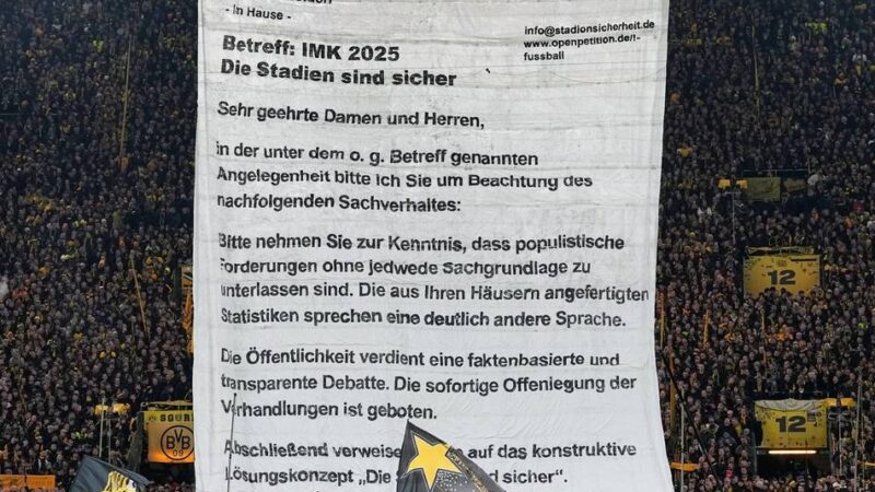 „Stadien sind sicher“: XXL-Brief auf BVB-Tribüne – kreativer Protest gegen Pläne der Innenminister