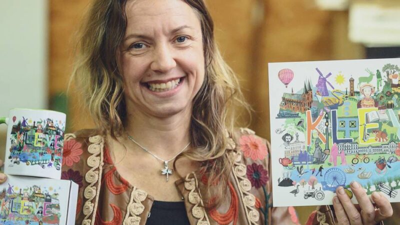 Kleve-Utensilien: Wimmelbild und eine Kleve-Tasse