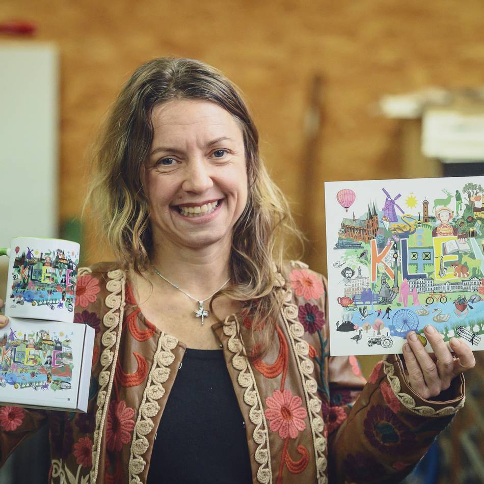 Kleve-Utensilien: Wimmelbild und eine Kleve-Tasse