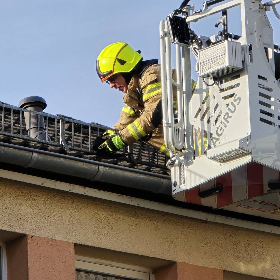 Letzter Einsatz 2025 in Hückeswagen: Feuerwehr rettet eingeklemmte Krähe von Hausdach