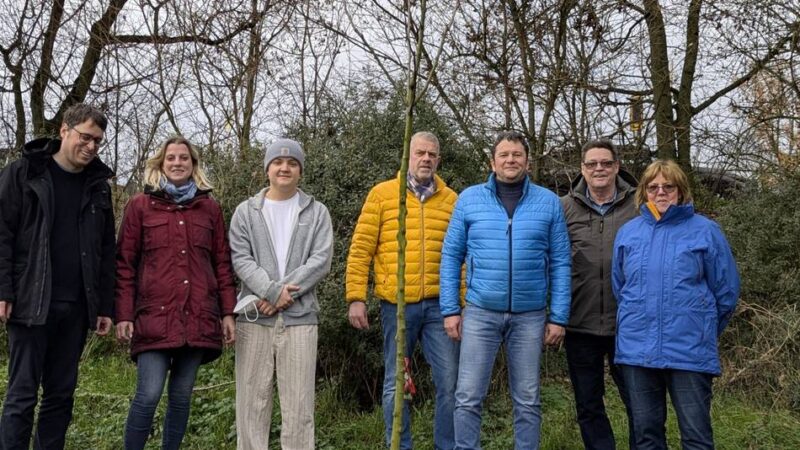 Für den Angelverein: Gespendeter Apfelbaum am Kuhteich in Orsoy eingepflanzt