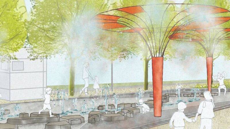 IGA 2027 in Duisburg: Allee mit orangefarbenen Schirmen und Wassernebeldüsen für ein besseres Klima