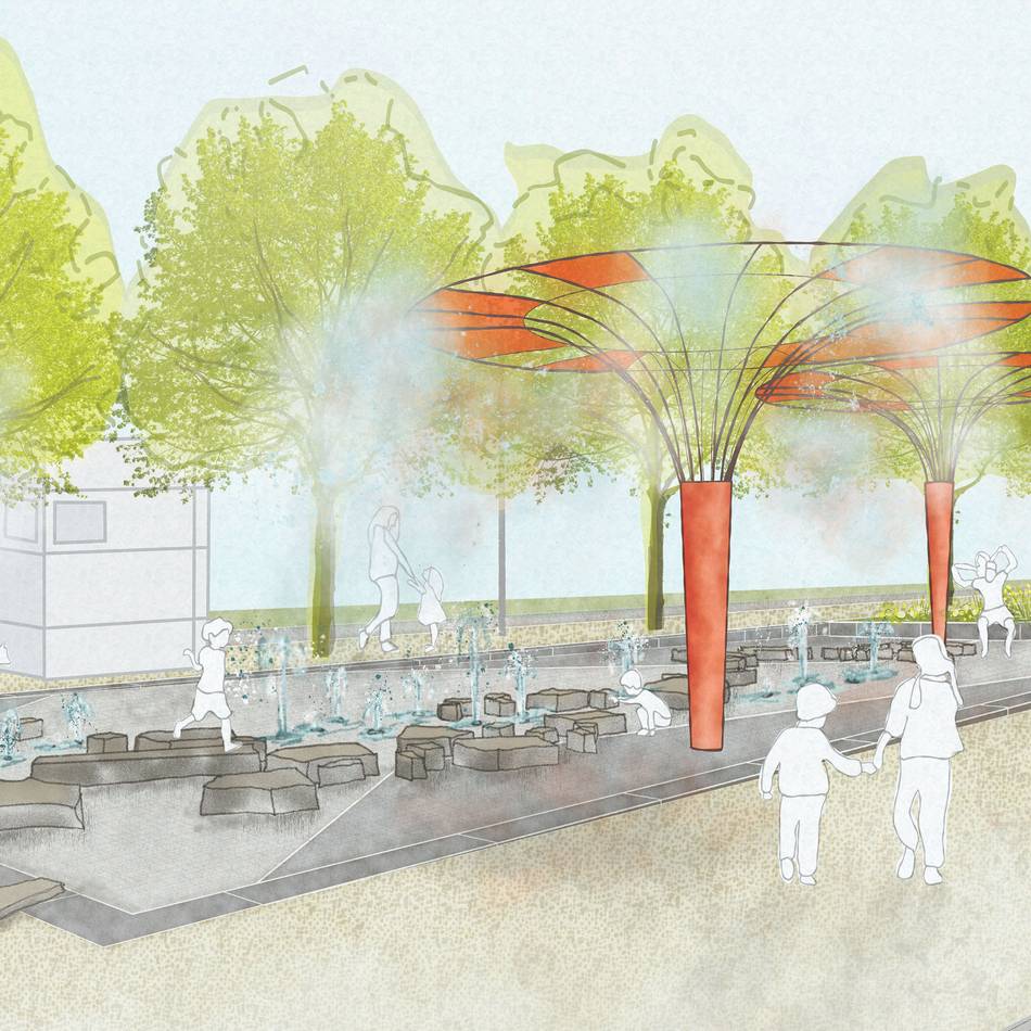 IGA 2027 in Duisburg: Allee mit orangefarbenen Schirmen und Wassernebeldüsen für ein besseres Klima