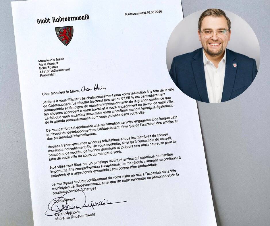 Partnerstadt von Radevormwald: Bürgermeister gratuliert Amtskollegen in Châteaubriant