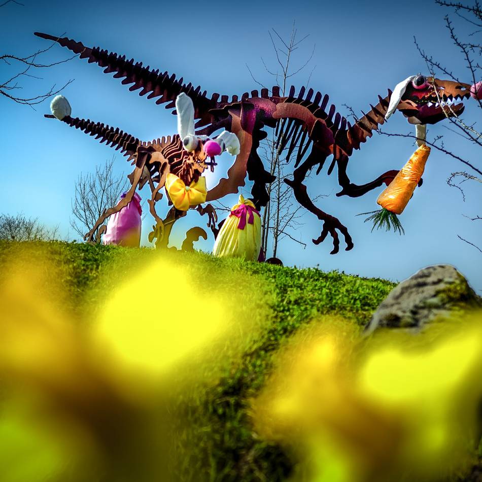 Aktion in Monheim: Baumberger Dinos jetzt im Oster-Look