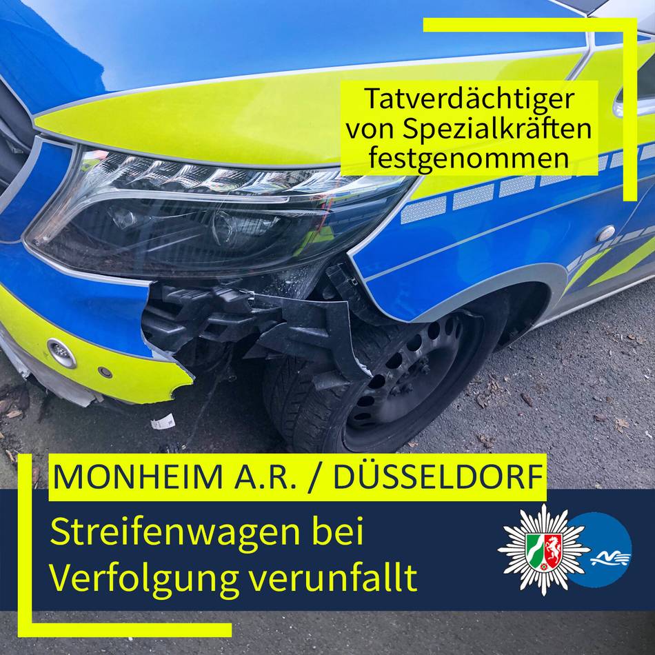 Von Monheim nach Düsseldorf: Unfall eines Streifenwagens bei Verfolgungsfahrt – Verdächtigen festgenommen