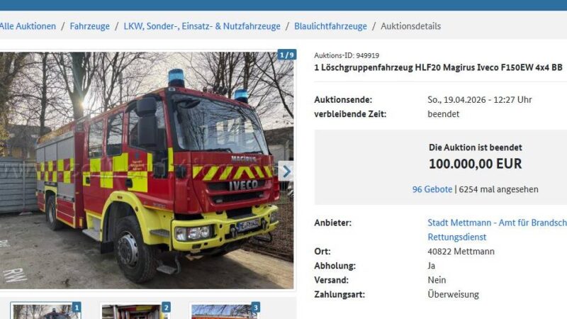 Finanzen in Mettmann: Stadt erhält 100.000 Euro für versteigertes Feuerwehrfahrzeug