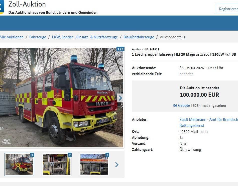 Finanzen in Mettmann: Stadt erhält 100.000 Euro für versteigertes Feuerwehrfahrzeug