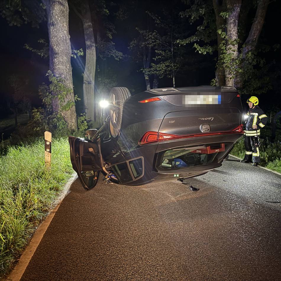 Ende einer Alkoholfahrt in Jüchen: Unfall an prächtiger Buchen-Allee bei Schoss Dyck – Auto landet auf dem Dach