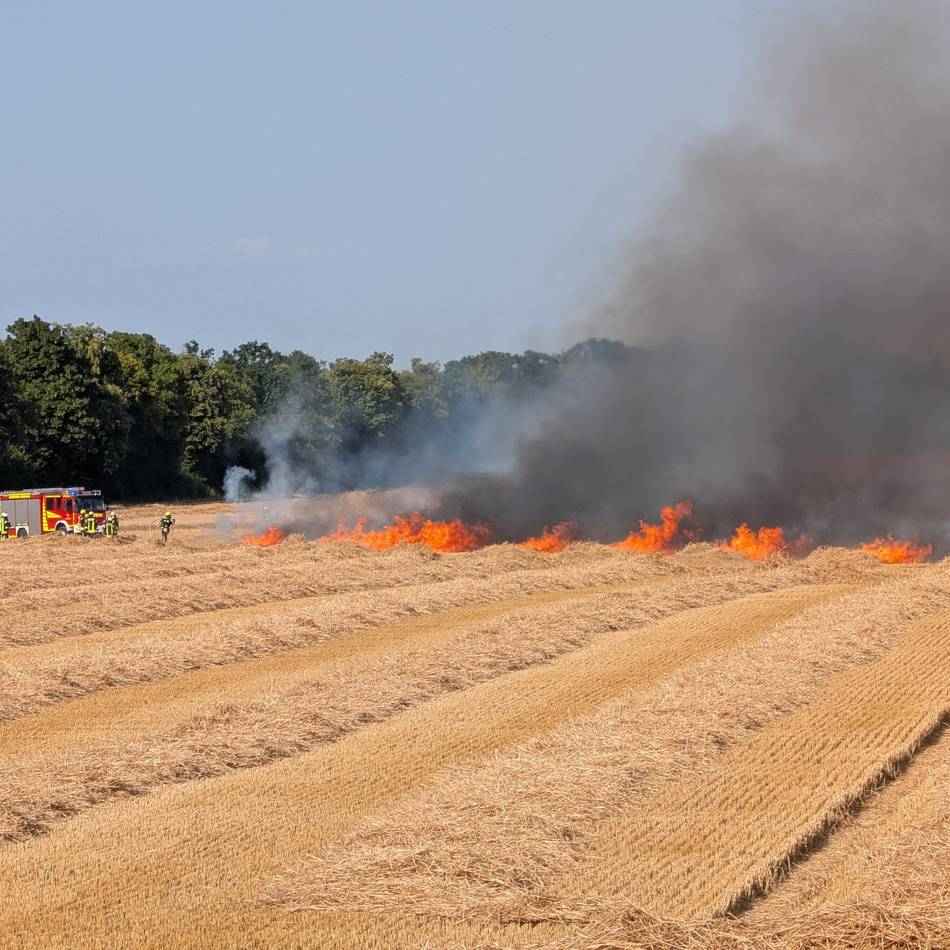 Flächenbrand bei Haus Hohenbusch: Brennende Strohballenpresse löst Großeinsatz aus