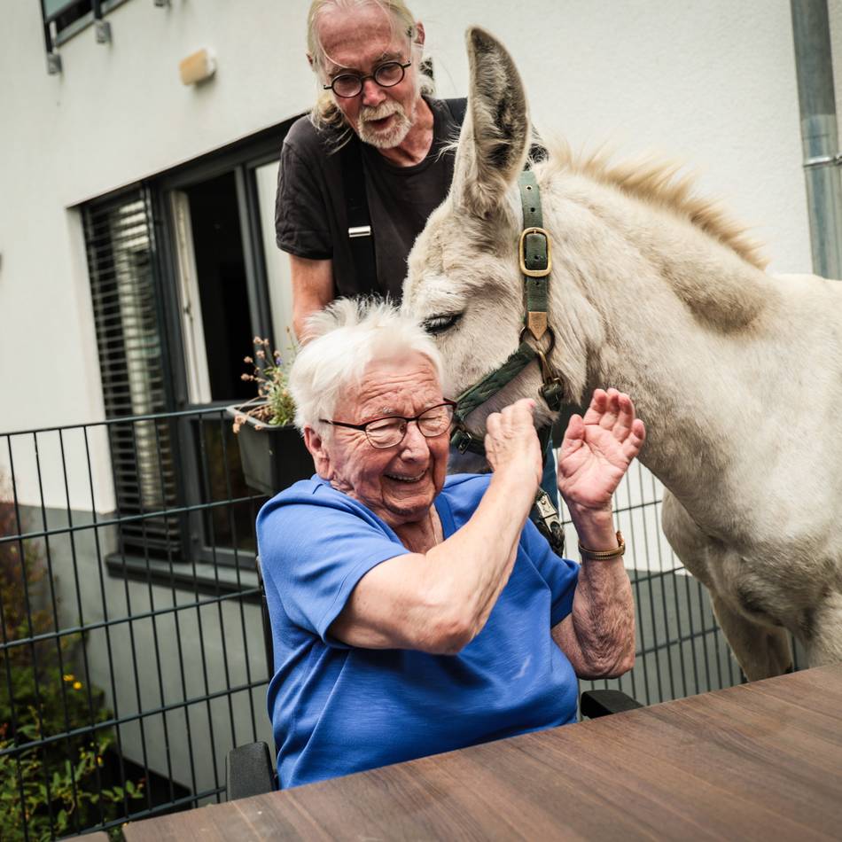 „Fahrender Bauernhof“ besucht Einrichtung in Kaarst: Esel „Pudding“ verbreitet beste Stimmung im Seniorenheim