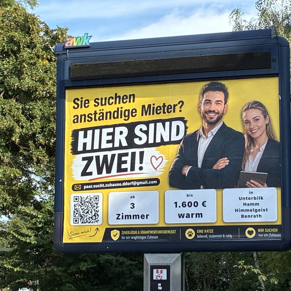 Angespannter Markt in Düsseldorf: Mit Werbefläche zur neuen Wohnung? Mieter gehen kreativen Weg